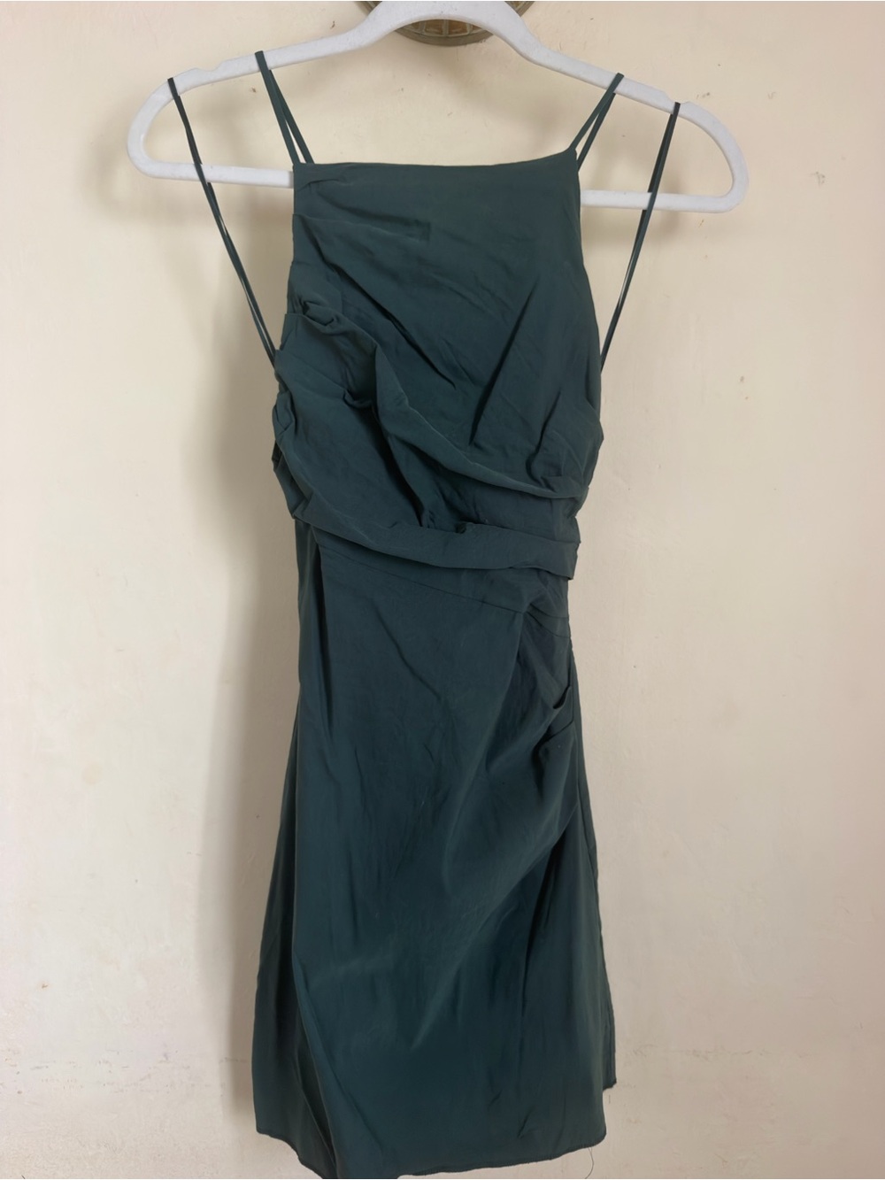 Zara Forest Green Draped Spaghetti-Strap Midi Dress